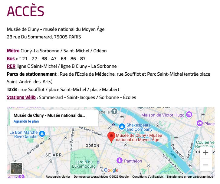Capture d’écran de la page d'un musée sur laquelle on voit une adresse sous forme de texte et une carte permettant de situer le musée dans la ville.