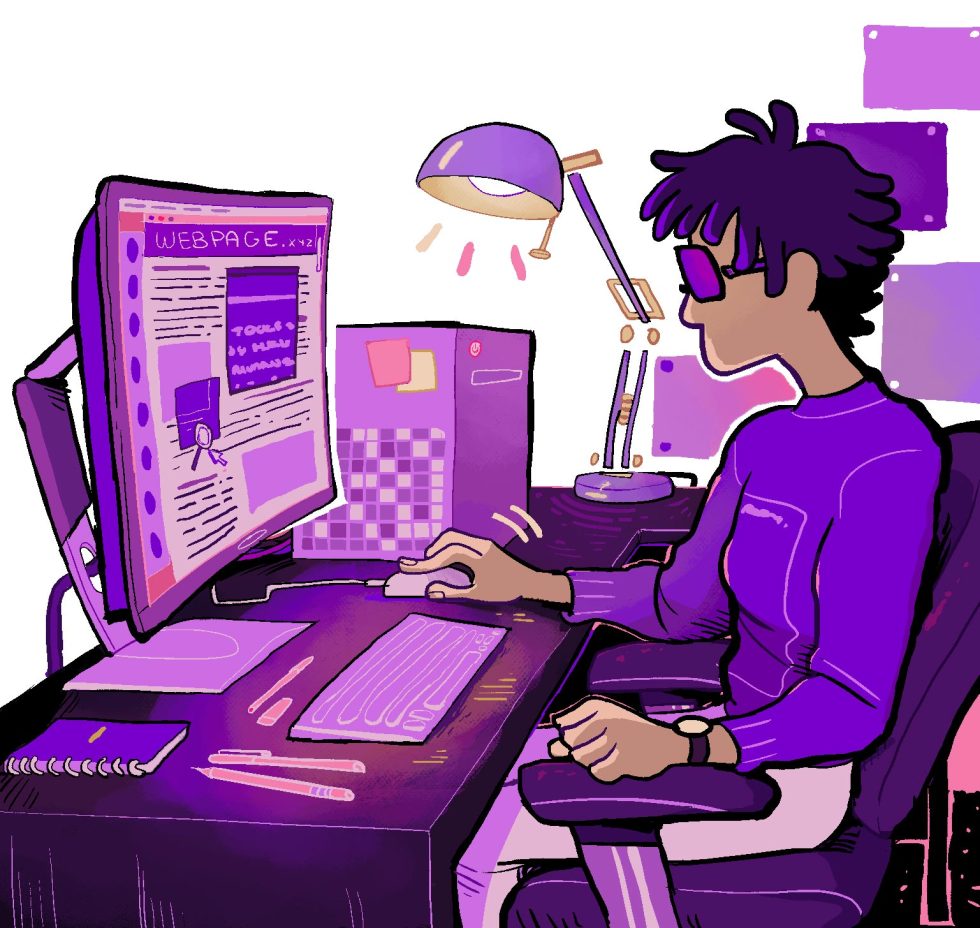 Illustration représentant une personne malvoyante utilisant une loupe d’écran pour consulter une page web.