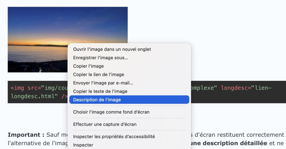 Accès à la description de l’image dans le menu contextuel de Firefox.